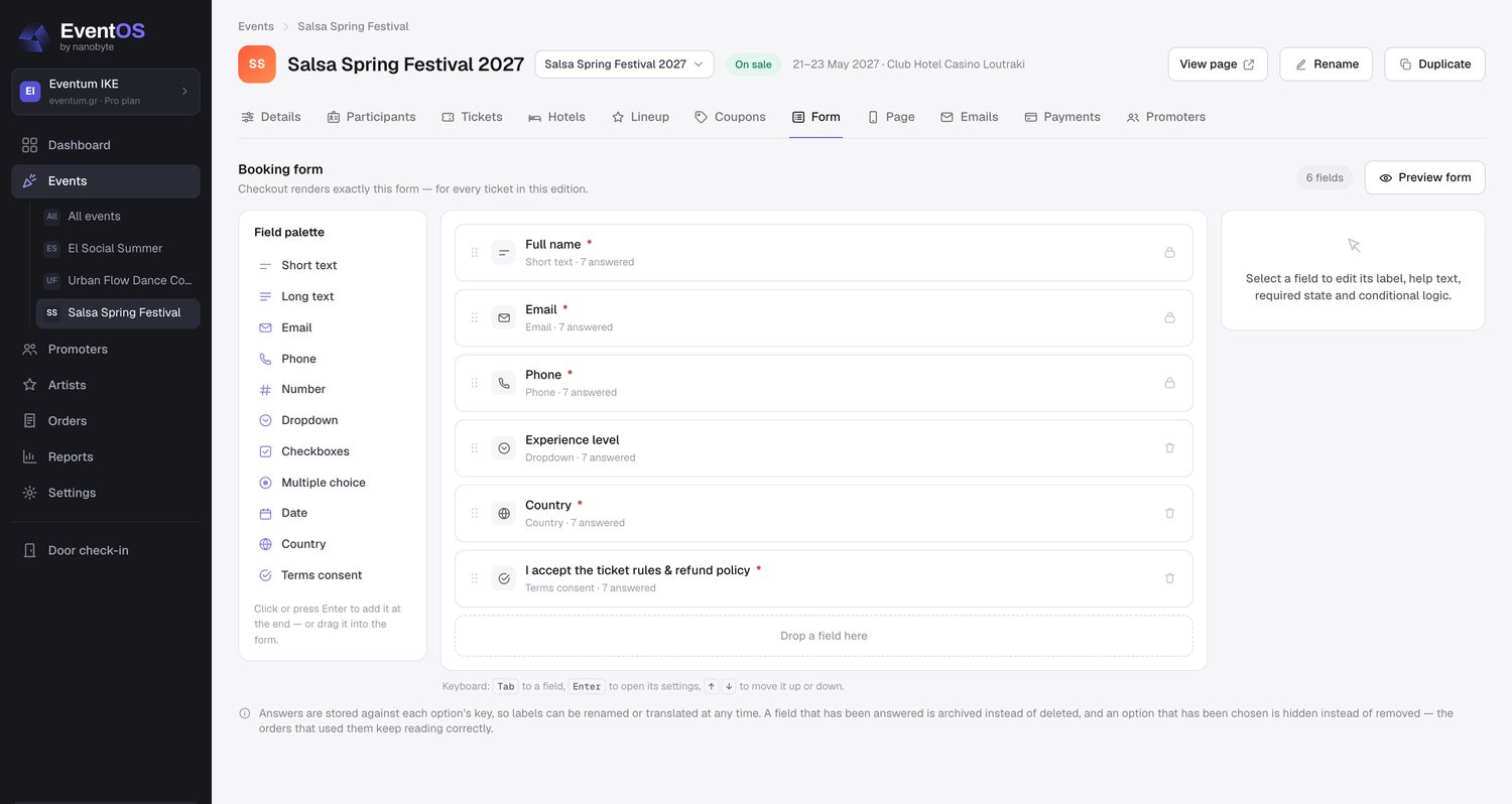 The EventOS booking-form builder, with drag-and-drop fields for a live edition.
