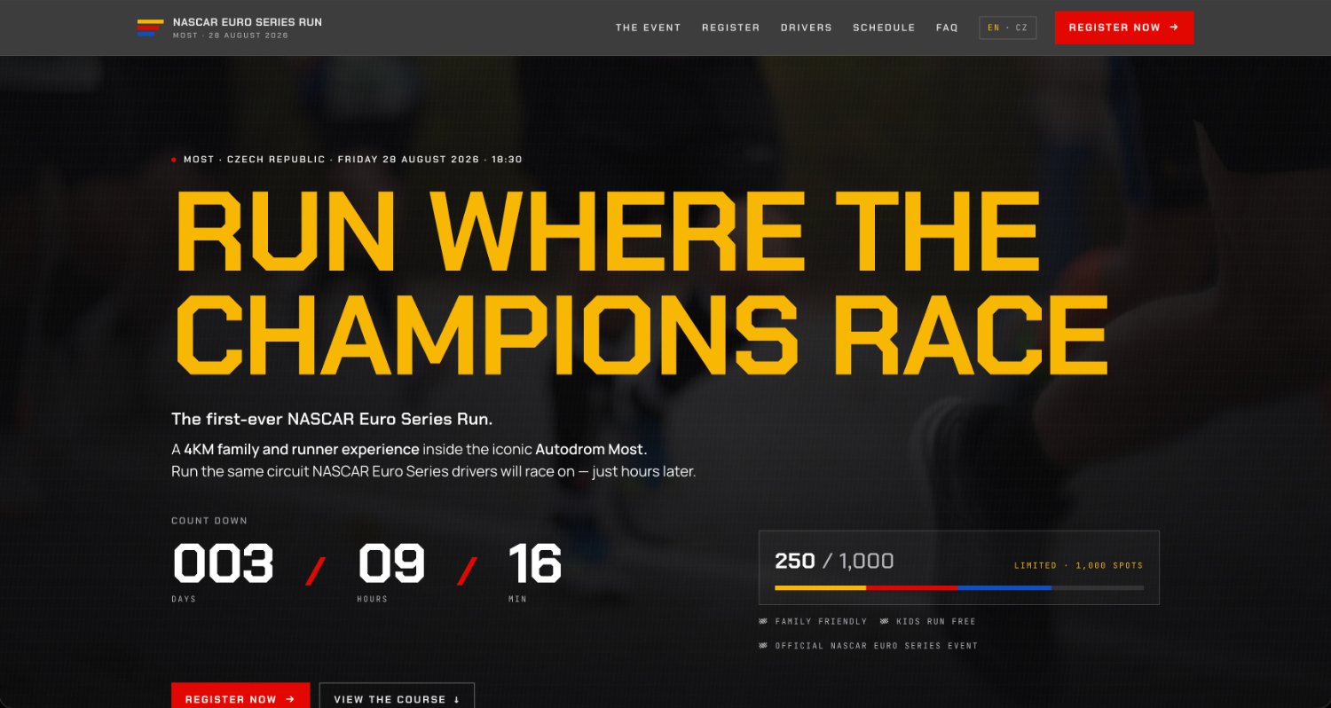 The NASCAR Euro Series Run event website, showing the race-day countdown and registration.