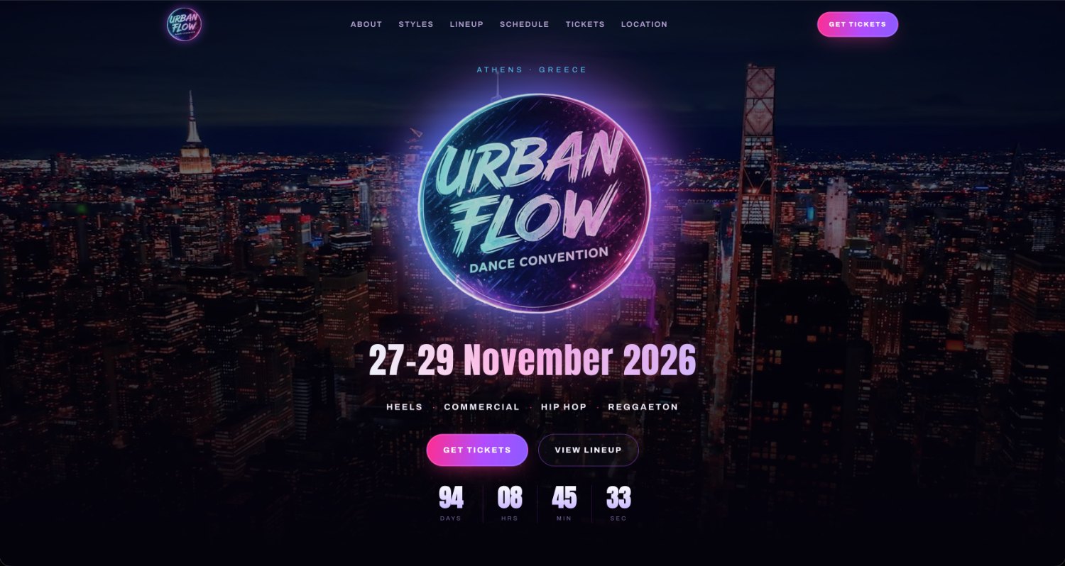 The Urban Flow Dance Convention website, showing the event identity and dates.